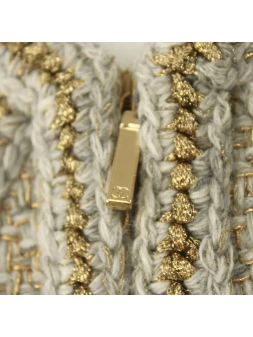 Chanel Color Tweed Jacket Outer Zip Up Wool 36 Light Gray Gold
